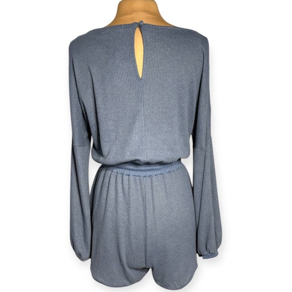 Kori America Blue Long Sleeve Waffle Knit Drawstring Shorts Romper Size Small - Picture 4 of 7